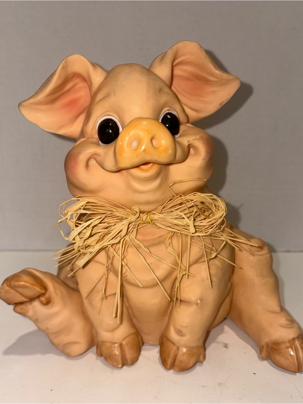 Smiling Pig Resin Figurine with Raffia Bow - Vintage Piggy Bank